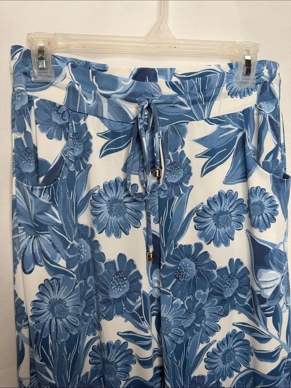 Blue Floral Wide Leg Pants with Drawstring Waist